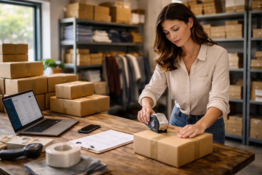 Female ecomm or retail owner packing boxes.