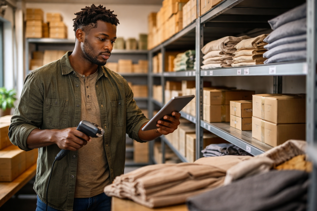 Male ecomm or retail owner fulfilling orders.