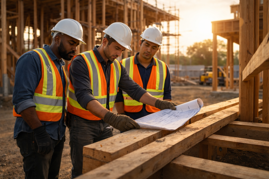 Three construction men looking at plans